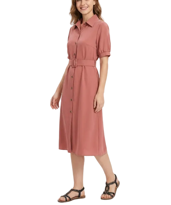 Trendy & Timeless Short Puff Sleeve Button Front Waist Belt Long Dresses - B6-DRESS-68