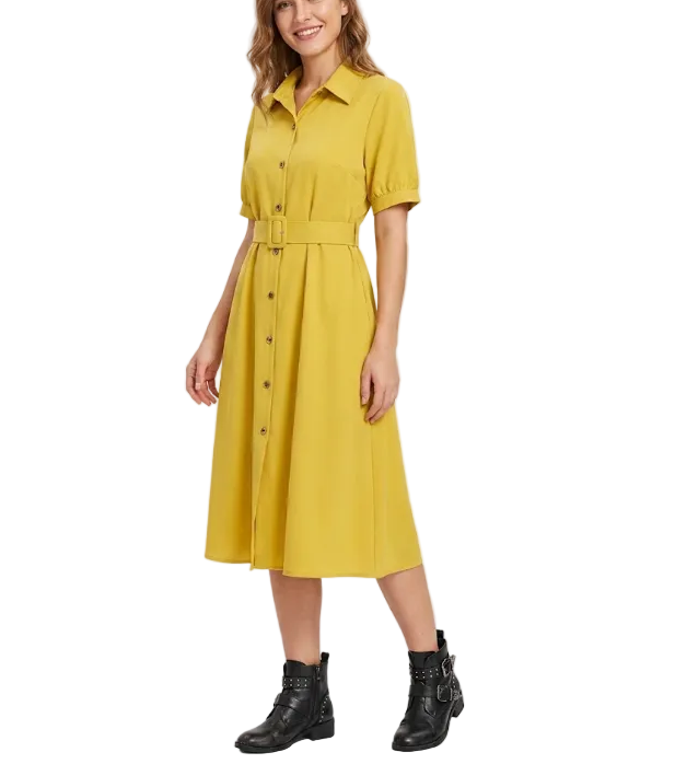 Trendy & Timeless Short Puff Sleeve Button Front Waist Belt Long Dresses - B6-DRESS-68