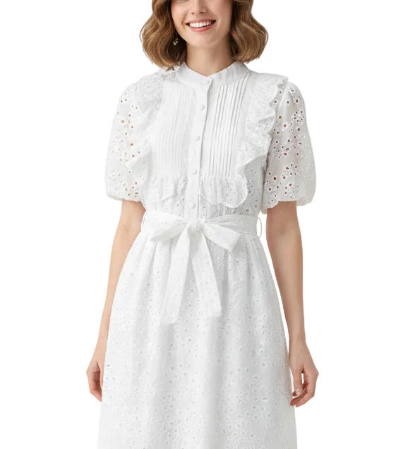 Trendy & Timeless Short Puff Sleeve Embroidered Waist Lace Long Dresses - B6-DRESS-58