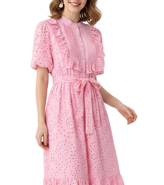 Trendy & Timeless Short Puff Sleeve Embroidered Waist Lace Long Dresses - B6-DRESS-58