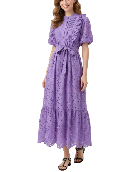 Trendy & Timeless Short Puff Sleeve Embroidered Waist Lace Long Dresses - B6-DRESS-58