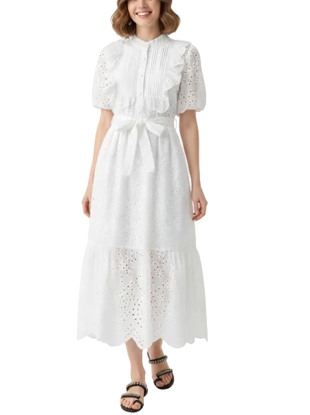 Trendy & Timeless Short Puff Sleeve Embroidered Waist Lace Long Dresses - B6-DRESS-58