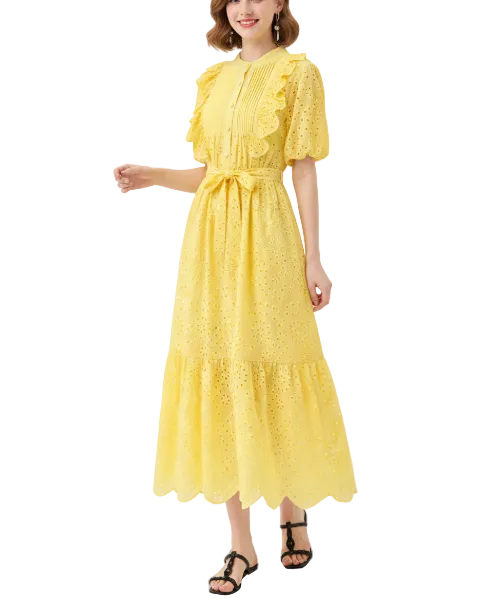 Trendy & Timeless Short Puff Sleeve Embroidered Waist Lace Long Dresses - B6-DRESS-58