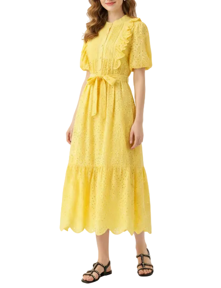 Trendy & Timeless Short Puff Sleeve Embroidered Waist Lace Long Dresses - B6-DRESS-58