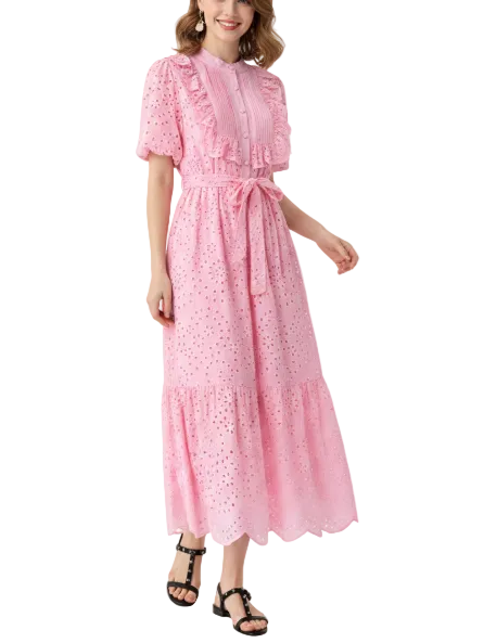 Trendy & Timeless Short Puff Sleeve Embroidered Waist Lace Long Dresses - B6-DRESS-58