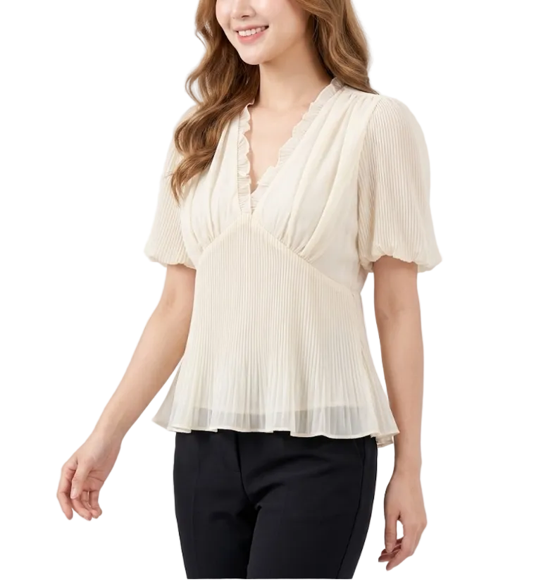 Trendy & Timeless Short Puff Sleeve V-Neck Pullover Blouses for Women - B13-TOP-28A