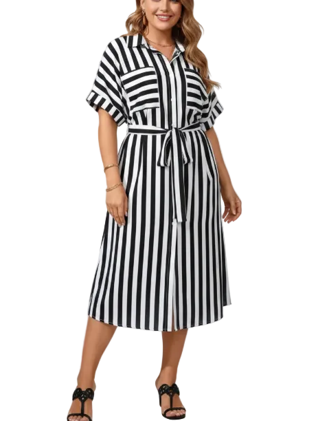 Trendy & Timeless  Short Sleeves Stripped Button Front Dresses - B6-DRESS-63