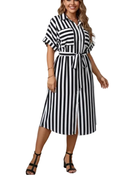 Trendy & Timeless  Short Sleeves Stripped Button Front Dresses - B6-DRESS-63