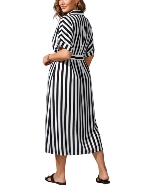 Trendy & Timeless  Short Sleeves Stripped Button Front Dresses - B6-DRESS-63
