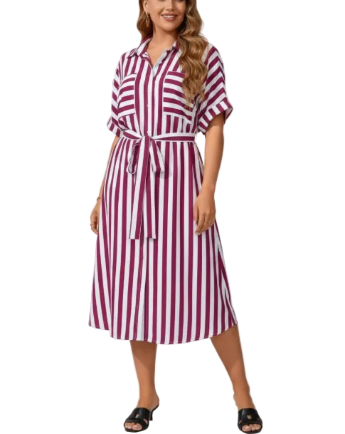 Trendy & Timeless  Short Sleeves Stripped Button Front Dresses - B6-DRESS-63