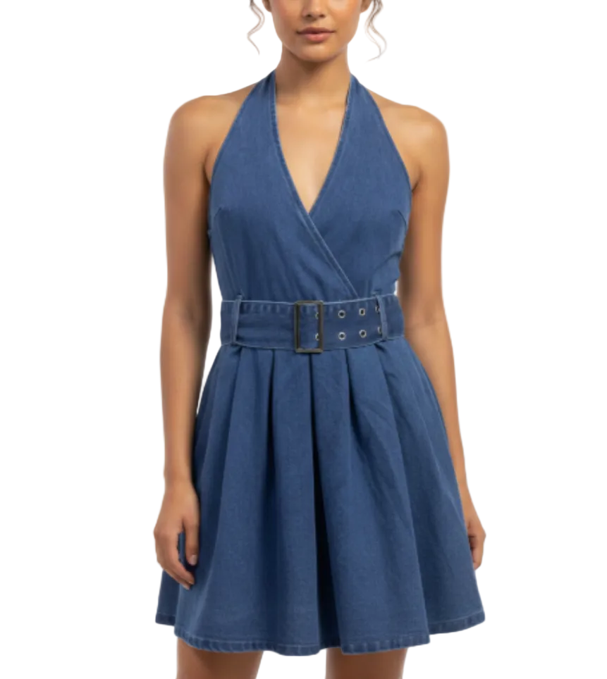Trendy & Timeless Sleeveless Hulter Neck Mini  Denim Dresses - B6-DRESS-57
