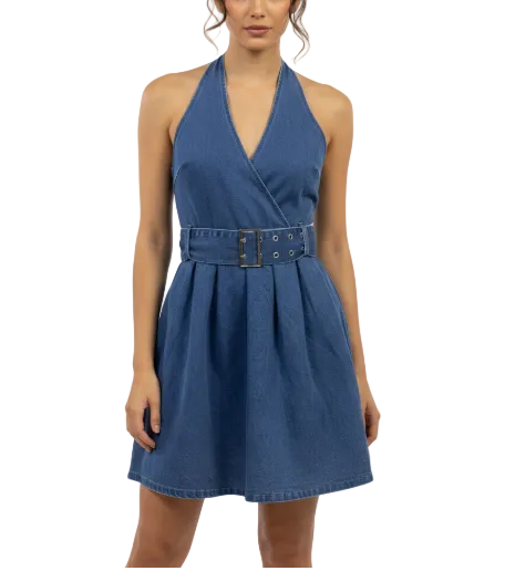 Trendy & Timeless Sleeveless Hulter Neck Mini  Denim Dresses - B6-DRESS-57