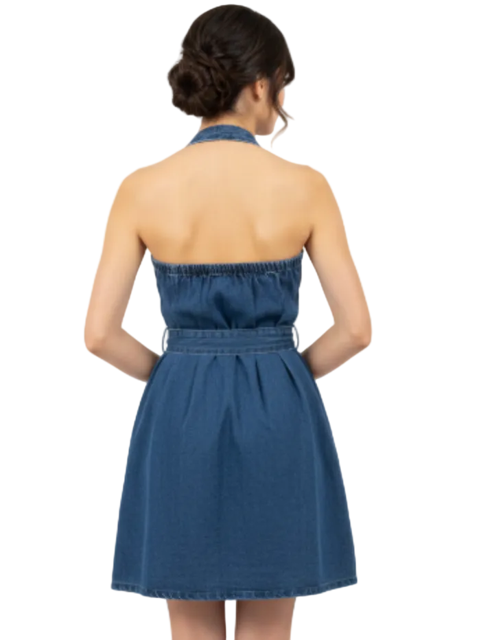 Trendy & Timeless Sleeveless Hulter Neck Mini  Denim Dresses - B6-DRESS-57