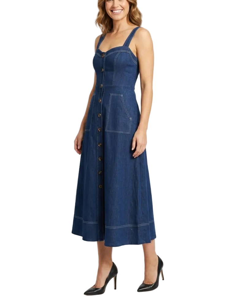 Trendy & Timeless Sleeveless Slim Waist Button Front Denim Dresses - B6-DRESS-30
