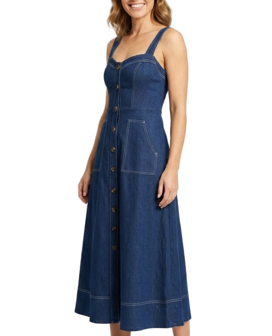 Trendy & Timeless Sleeveless Slim Waist Button Front Denim Dresses - B6-DRESS-30