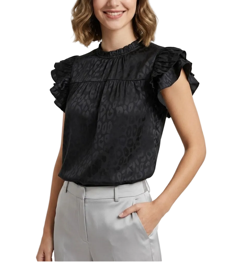 Trendy & Versatile Leopard Self-Print Ruffle Sleeve Wave Neck Blouse TOP-B1-BL-246