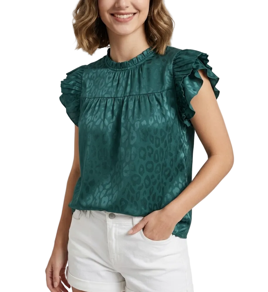 Trendy & Versatile Leopard Self-Print Ruffle Sleeve Wave Neck Blouse TOP-B1-BL-246