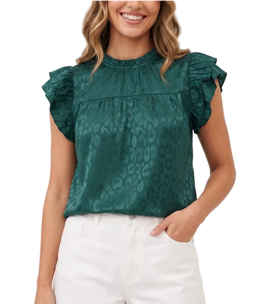 Trendy & Versatile Leopard Self-Print Ruffle Sleeve Wave Neck Blouse TOP-B1-BL-246