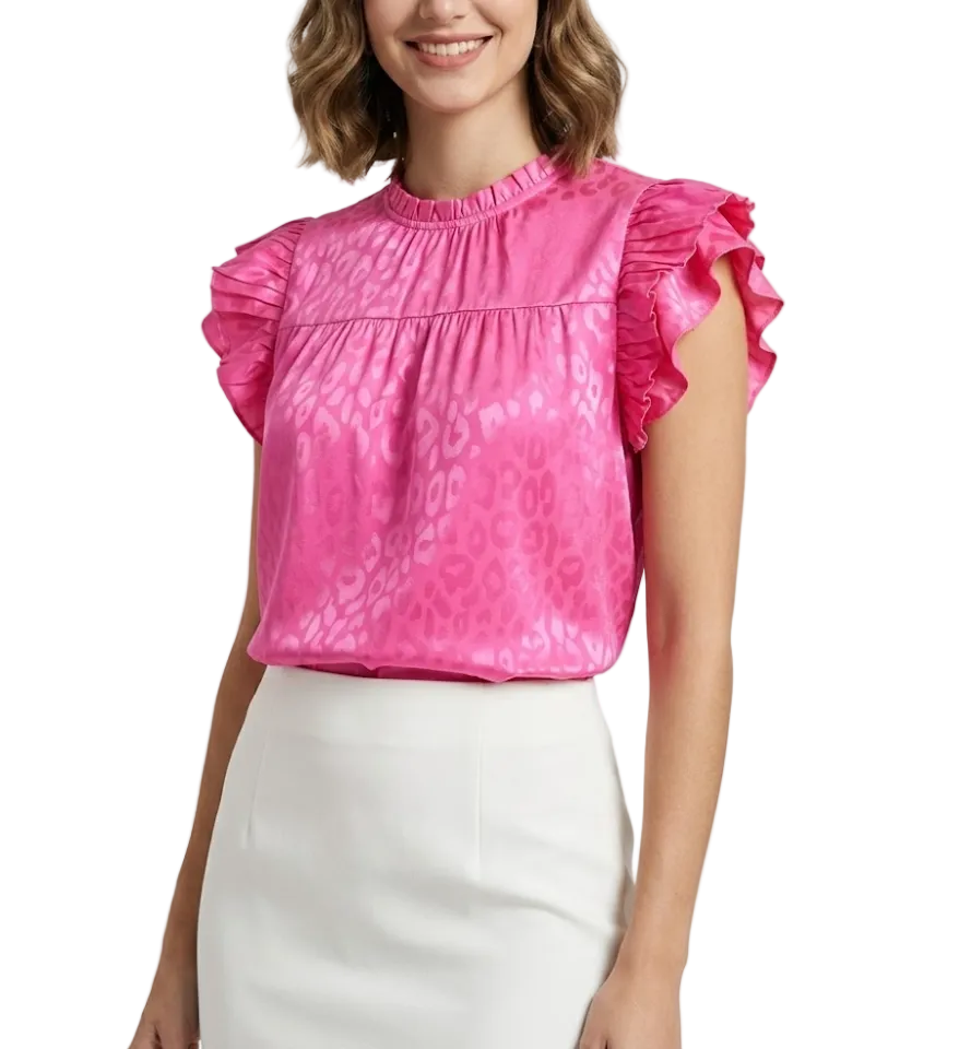 Trendy & Versatile Leopard Self-Print Ruffle Sleeve Wave Neck Blouse TOP-B1-BL-246
