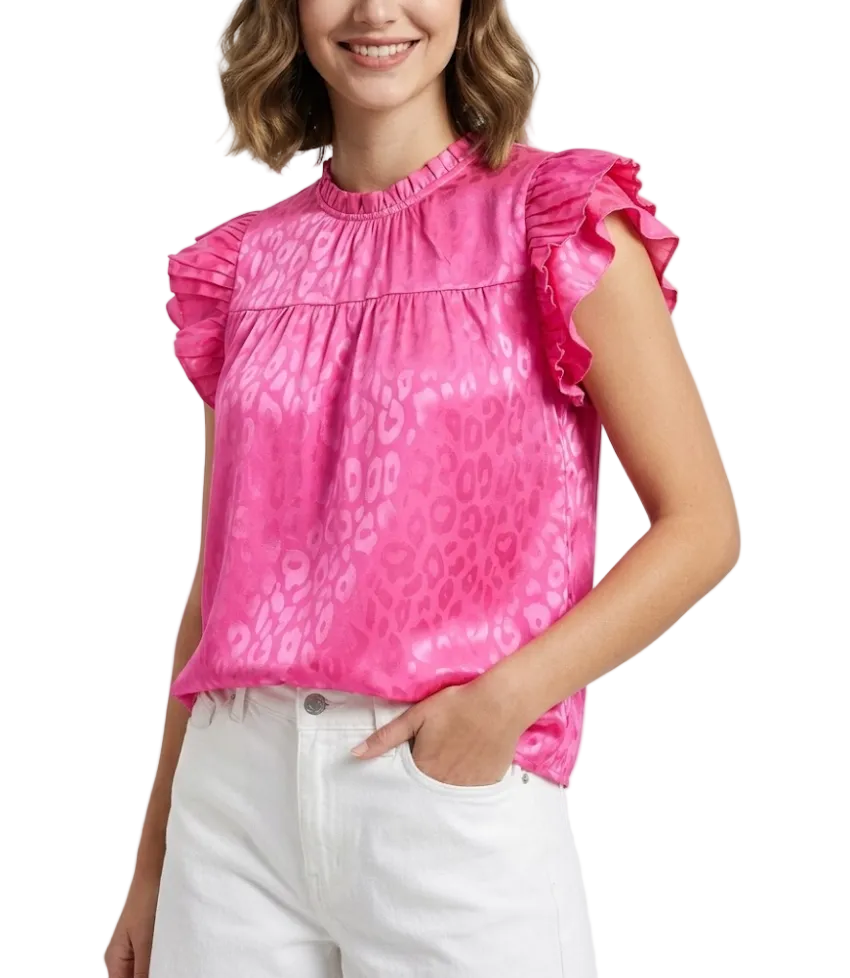 Trendy & Versatile Leopard Self-Print Ruffle Sleeve Wave Neck Blouse TOP-B1-BL-246