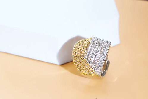 Two Tones White Gold Plated Twist Line Cubic Zirconia Adjustable Ring for Women- RING - RG-21
