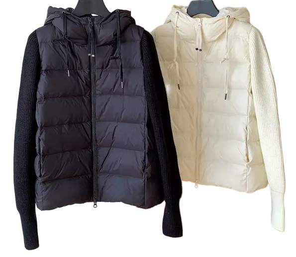 Ultra Light Warm Spliced Knitted Sleeves Hooded Parkas 90% White Duck Down Lightweight Jacket for Women - B12-JKT-65