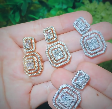 White Gold Plated Cubic Zircon Square Dangle Drop Earrings for Women - CZ-Earring- ER - 155