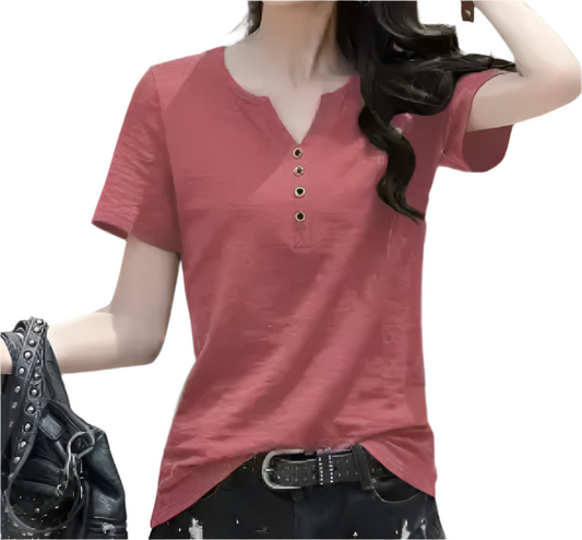 Women’s Cotton Short Sleeve V-neck Button SHIRT-BL141