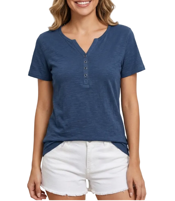 Women’s Cotton Short Sleeve V-neck Button SHIRT-BL141