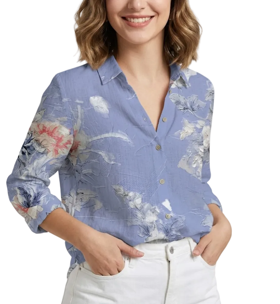 Women's Cotton Turn-down Collar Button Floral Print SHIRT-BL119