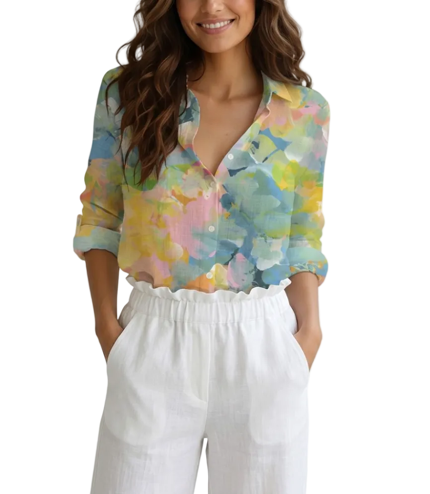 Women's Cotton Turn-down Collar Button Floral Print SHIRT-BL119