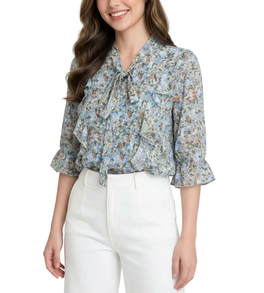Women’s Floral Printed Blouse with Flare Half Sleeve Bow Collar – BL57