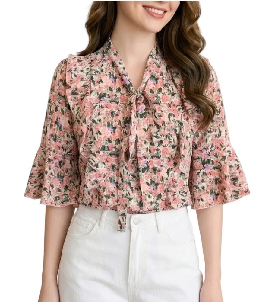 Women’s Floral Printed Blouse with Flare Half Sleeve Bow Collar – BL57