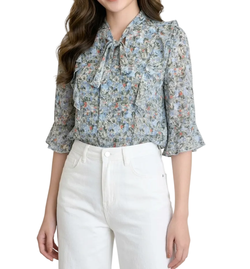 Women’s Floral Printed Blouse with Flare Half Sleeve Bow Collar – BL57