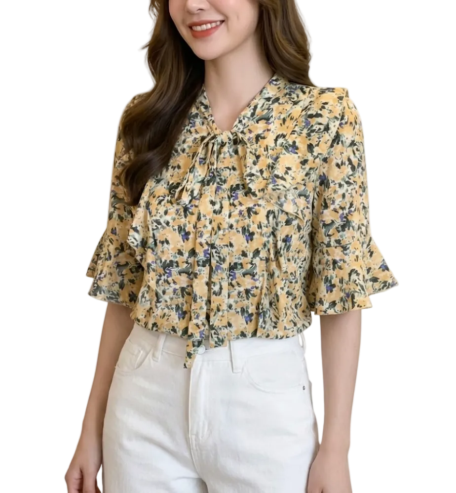 Women’s Floral Printed Blouse with Flare Half Sleeve Bow Collar – BL57