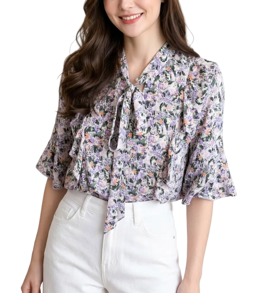 Women’s Floral Printed Blouse with Flare Half Sleeve Bow Collar – BL57