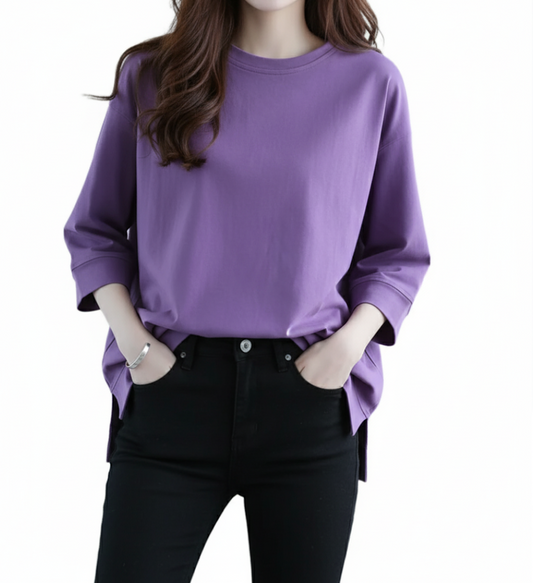 Women’s High Quality O Neck 100% Pure Cotton Loose Fit Top SHIRT-BL110