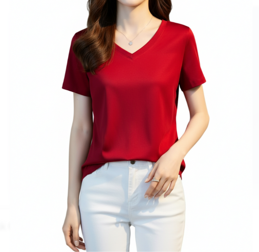 Women’s Mulberry Silk & Cotton V-neck Short Sleeve SHIRT-BL107