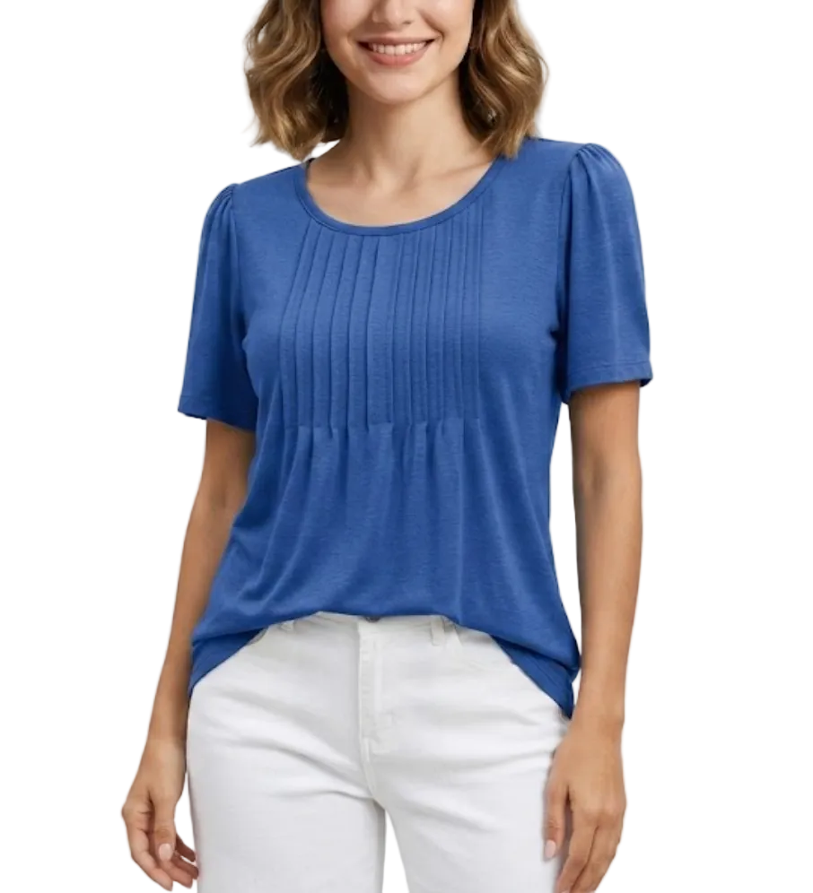 Women's Summer Round Neck Pleated Front Breathable Top SHIRT-BL112