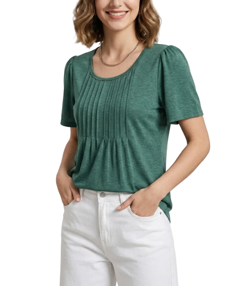 Women's Summer Round Neck Pleated Front Breathable Top SHIRT-BL112