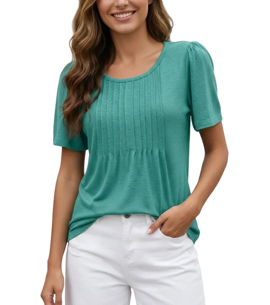 Women's Summer Round Neck Pleated Front Breathable Top SHIRT-BL112