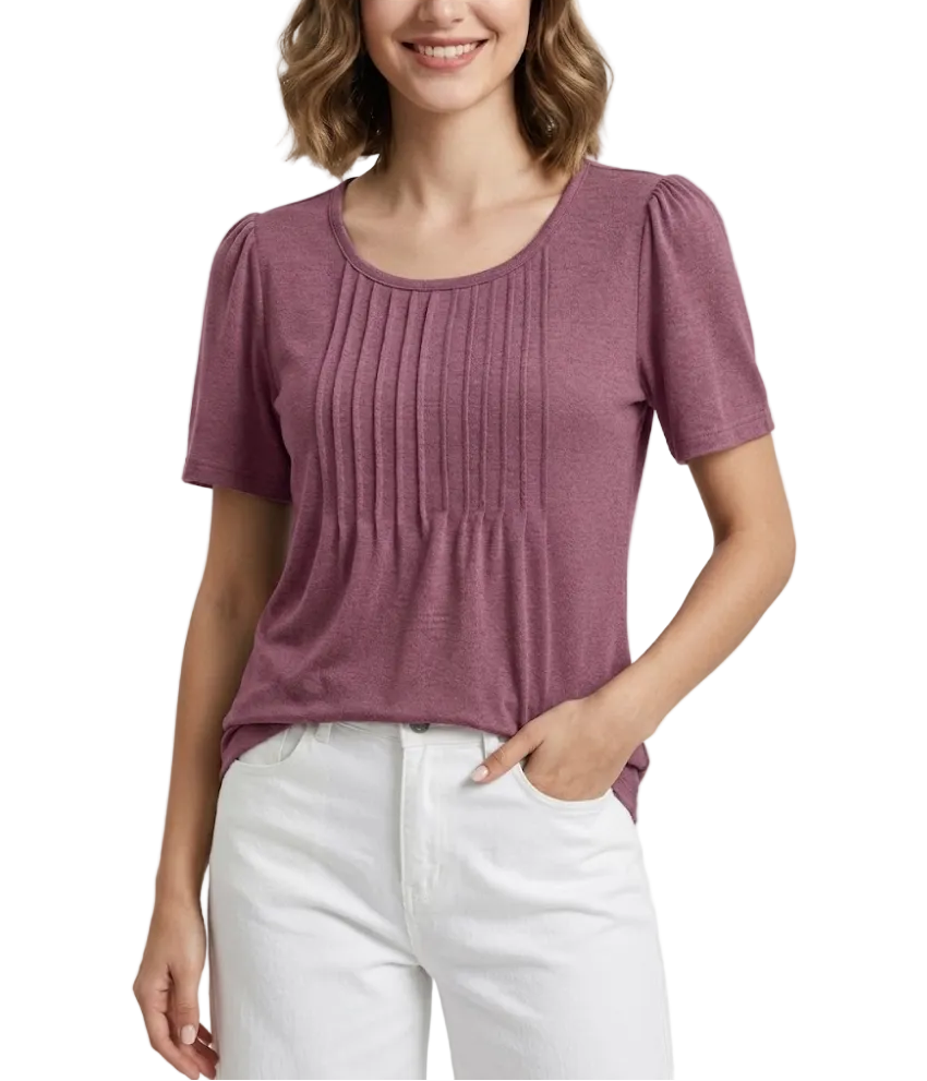 Women's Summer Round Neck Pleated Front Breathable Top SHIRT-BL112