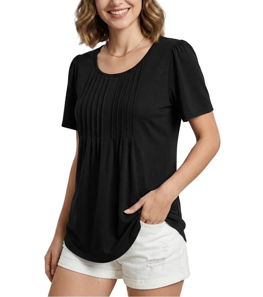 Women's Summer Round Neck Pleated Front Breathable Top SHIRT-BL112