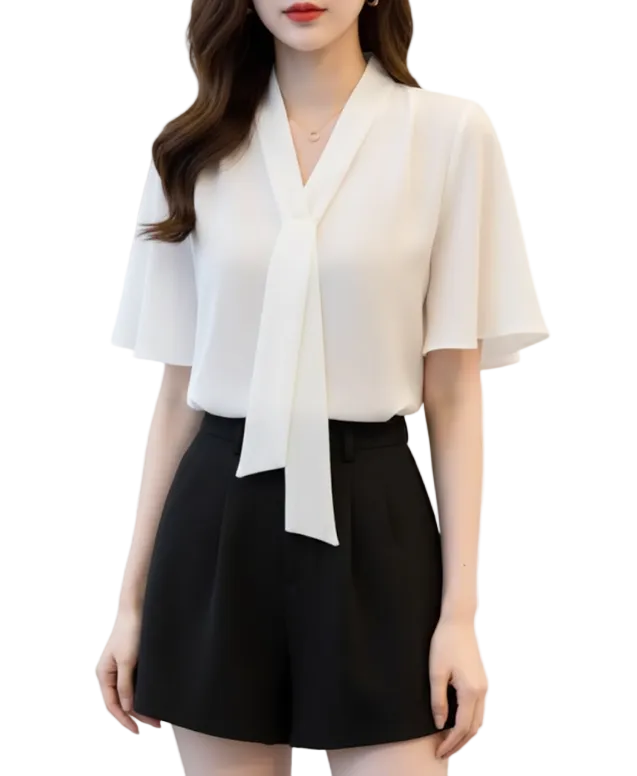 Women's Trendy & Elegant V-neck Short Sleeve Chiffon SHIRT-BL116