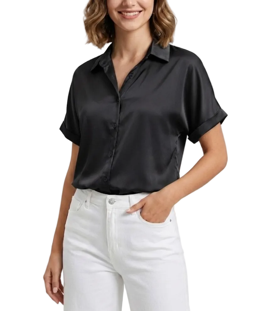 Women’s Trendy & Timeless Satin Short Sleeve V-neck Button-up SHIRT-BL105
