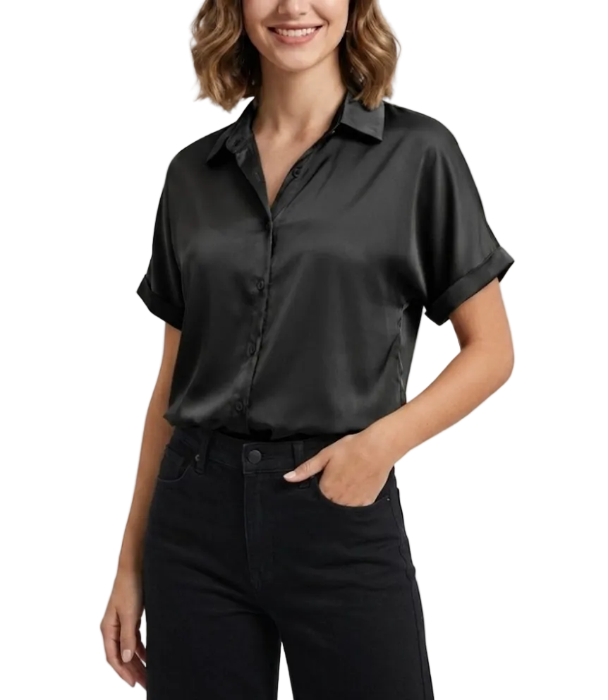 Women’s Trendy & Timeless Satin Short Sleeve V-neck Button-up SHIRT-BL105