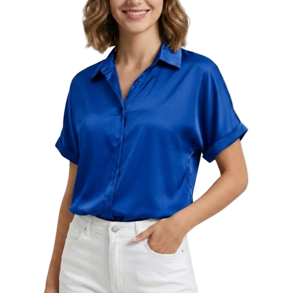 Women’s Trendy & Timeless Satin Short Sleeve V-neck Button-up SHIRT-BL105