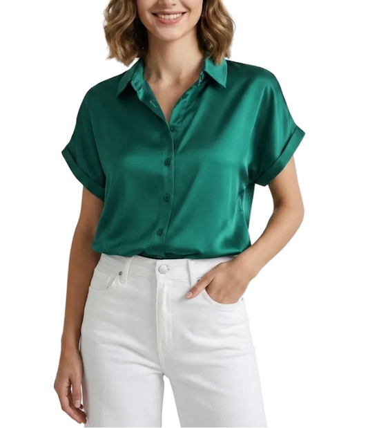 Women’s Trendy & Timeless Satin Short Sleeve V-neck Button-up SHIRT-BL105