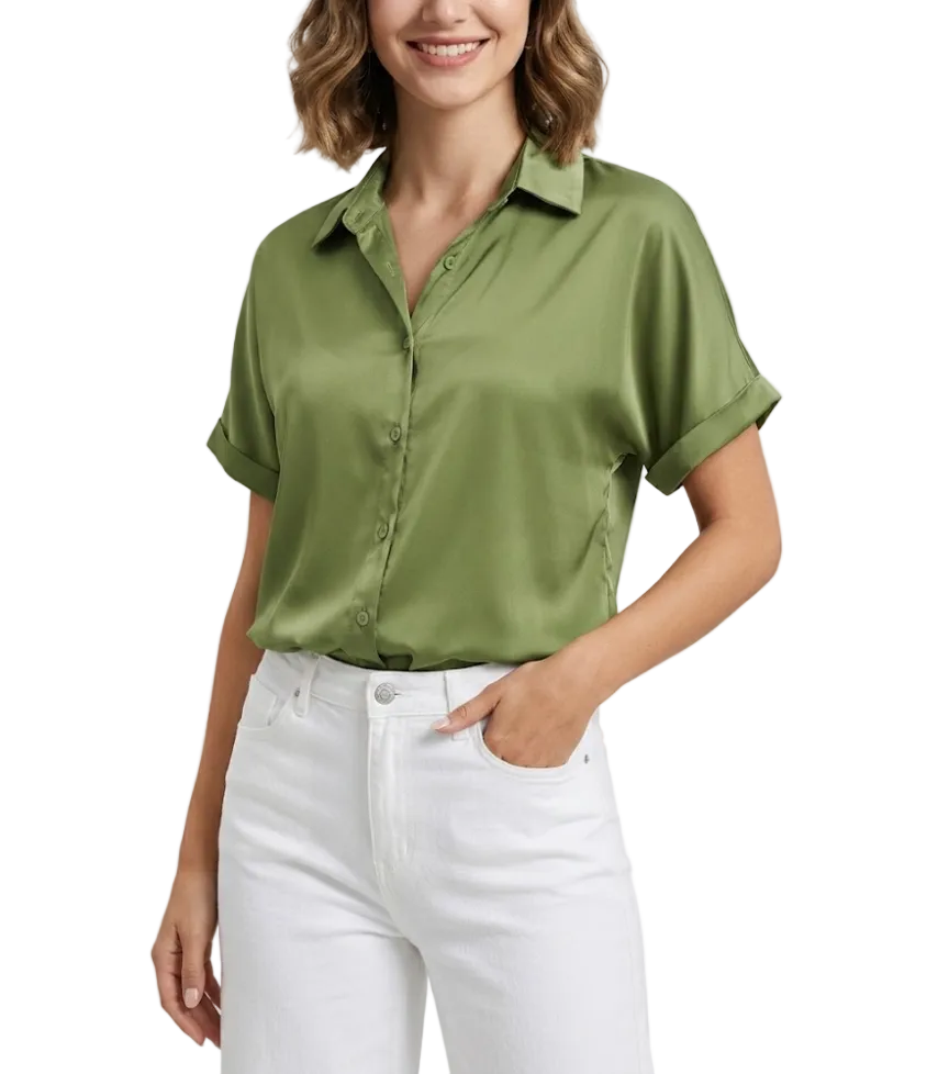 Women’s Trendy & Timeless Satin Short Sleeve V-neck Button-up SHIRT-BL105
