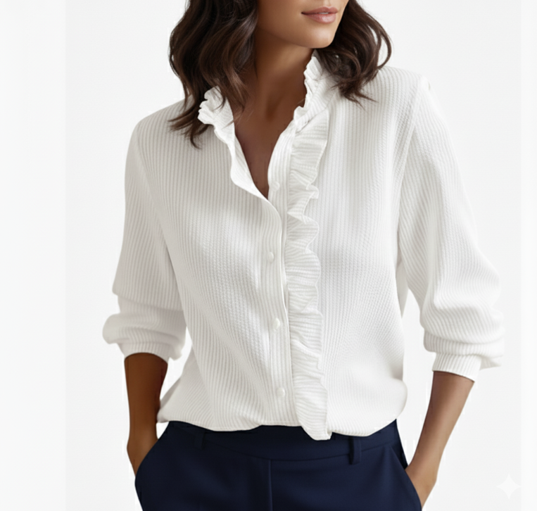 Trendy & Elegant Cardigan Ruffled Stand Collar Shirt for Women TOP-B1-BL-250
